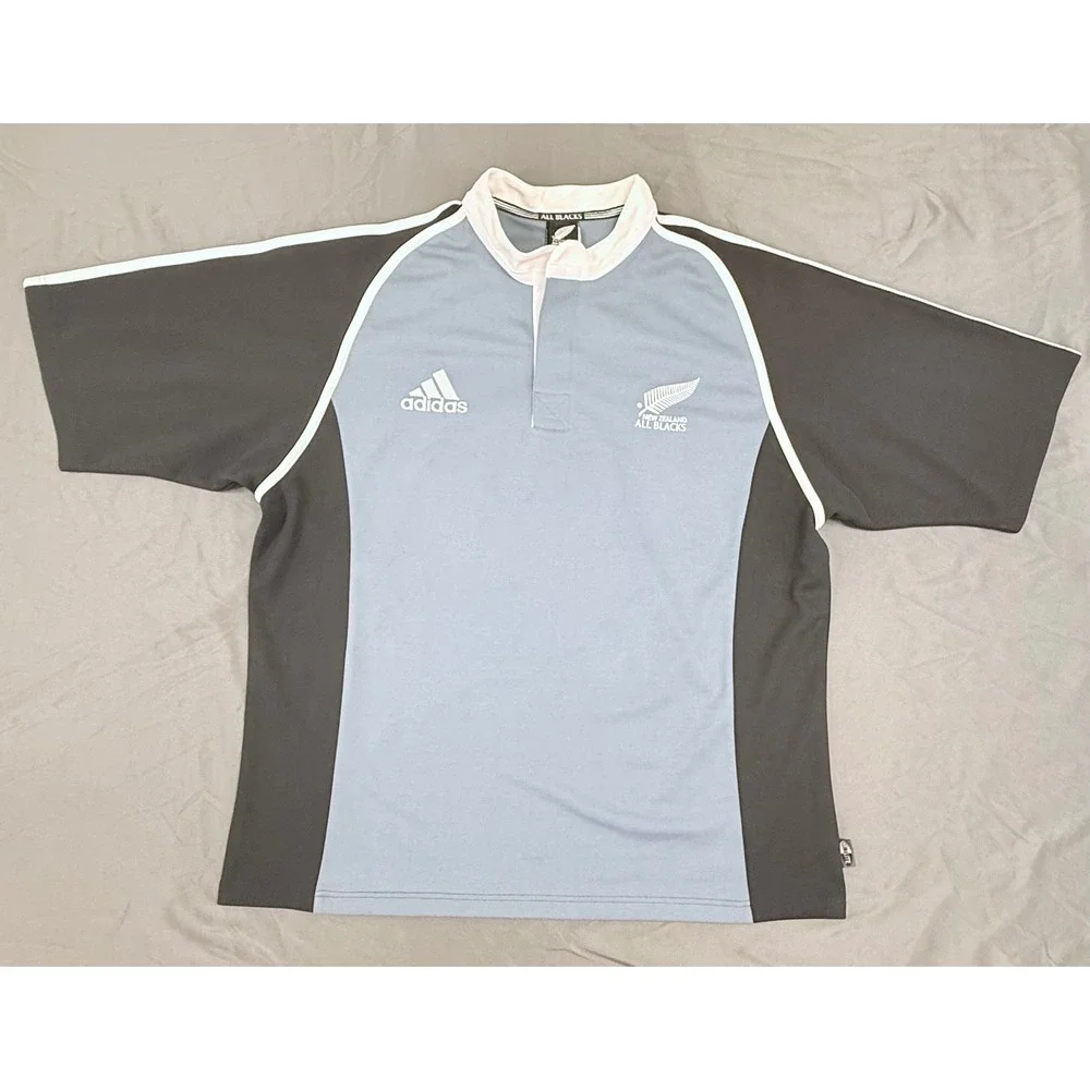 Vintage‎ Adidas New Zealand All Blacks Rugby Polo Shirt Blue Black Mens 2XL 2002